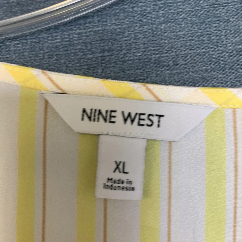 Nine West Shirred Tunic Top Womens XL Yellow White Striped V Neck Long Sleeve